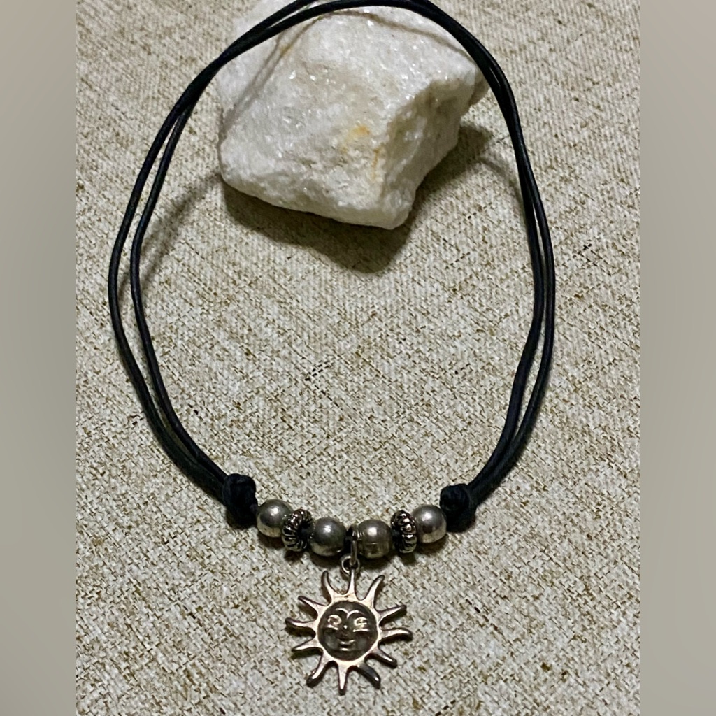 Silver Necklace, And Leather Strap, Round Beads And Sun Pendant,Handmade